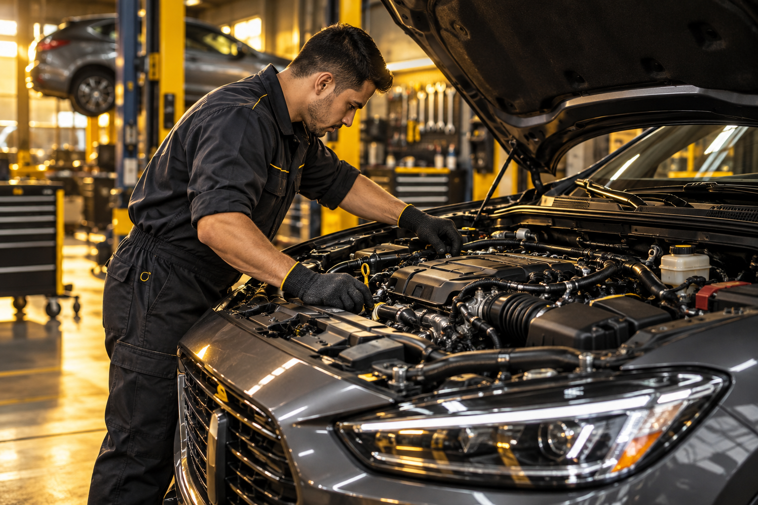 Imagen ilustrativa de un mecánico revisando el motor de un vehículo